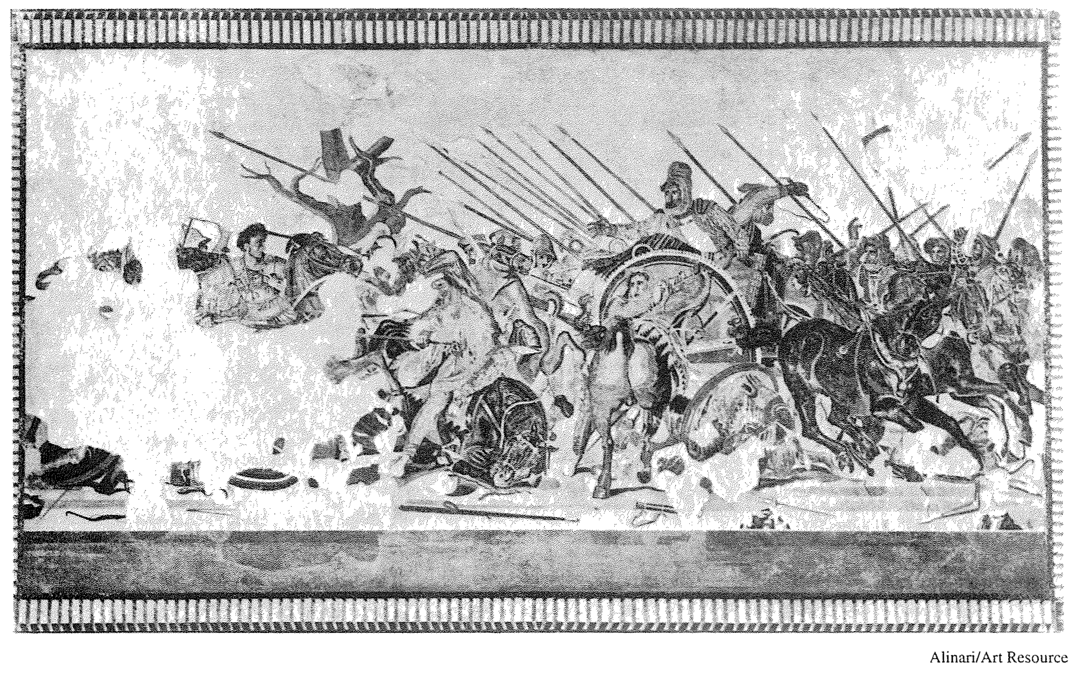 <p>The work depicts a battle in which<br>A. Anglo-Saxons were defeated by Duke William at Hastings<br>B. the Greeks won a naval war against the Persians at Salamis<br>C. Alexander the Great overthrew King Darius III<br>D. Rome was sacked by the invading Visigoths</p>