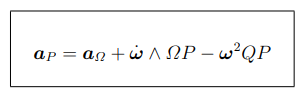 <p>Bisogna derivare rispetto al tempo la legge di ditribuzioni della velocità: <br>a<sub>P</sub> = dv<sub>P</sub>/dt = dvΩ/dt + dω/dt ∧ ΩP + ω ∧ dΩP/dt </p><p>dΩP/dt = ω ∧ ΩP perche ΩP è un vettore rigido con il corpo<br>la formula finale è</p><p><strong><span style="color: green">aP = aΩ + ω˙ ∧ ΩP + ω ∧ (ω ∧ ΩP)</span></strong></p><p>prendendo ora ω diverso da 0 scompongo ΩP con una componente parallele ed una normale a <strong>ω: </strong>ΩP = ΩQ + QP<br>ω ∧ ΩP = ω ∧ QP dal momento che: ω ∧ ΩQ =0<br>avrò ora che:<br>ω ∧ (ω ∧ ΩP) = ω ∧ (ω ∧ QP) = (ω × QP)ω − ω² QP<br>dato che ω × QP =0</p><p>per come QP è stato definito segue: ω ∧ (ω ∧ ΩP) = −ω²QP<br>ne segue che <br></p>