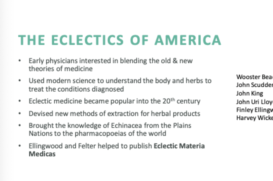 <p>The Eclectics of America were a group of 19th-century herbalists and practitioners who focused on a holistic approach to medicine. They combined various traditions, including homeopathy, herbalism, and physiology, emphasizing the use of botanical remedies and individualized patient care. %</p>