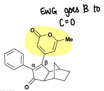 <ul><li><p>Monosubstituted terminal acetylenes will give products where the substituent is in the alpha-position of the enone. Regiochemistry is dominated by steric effects.</p></li><li><p>For disubstituted acetylenes, EDG tend to prefer the alpha-position, whereas EWG tend to prefer the beta position. Regiochemistry is dominated by electronic effects.</p></li></ul><p></p>