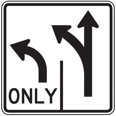 Turning is required or specified from a specific lane. Traffic in the right lane may proceed straight ahead or turn.