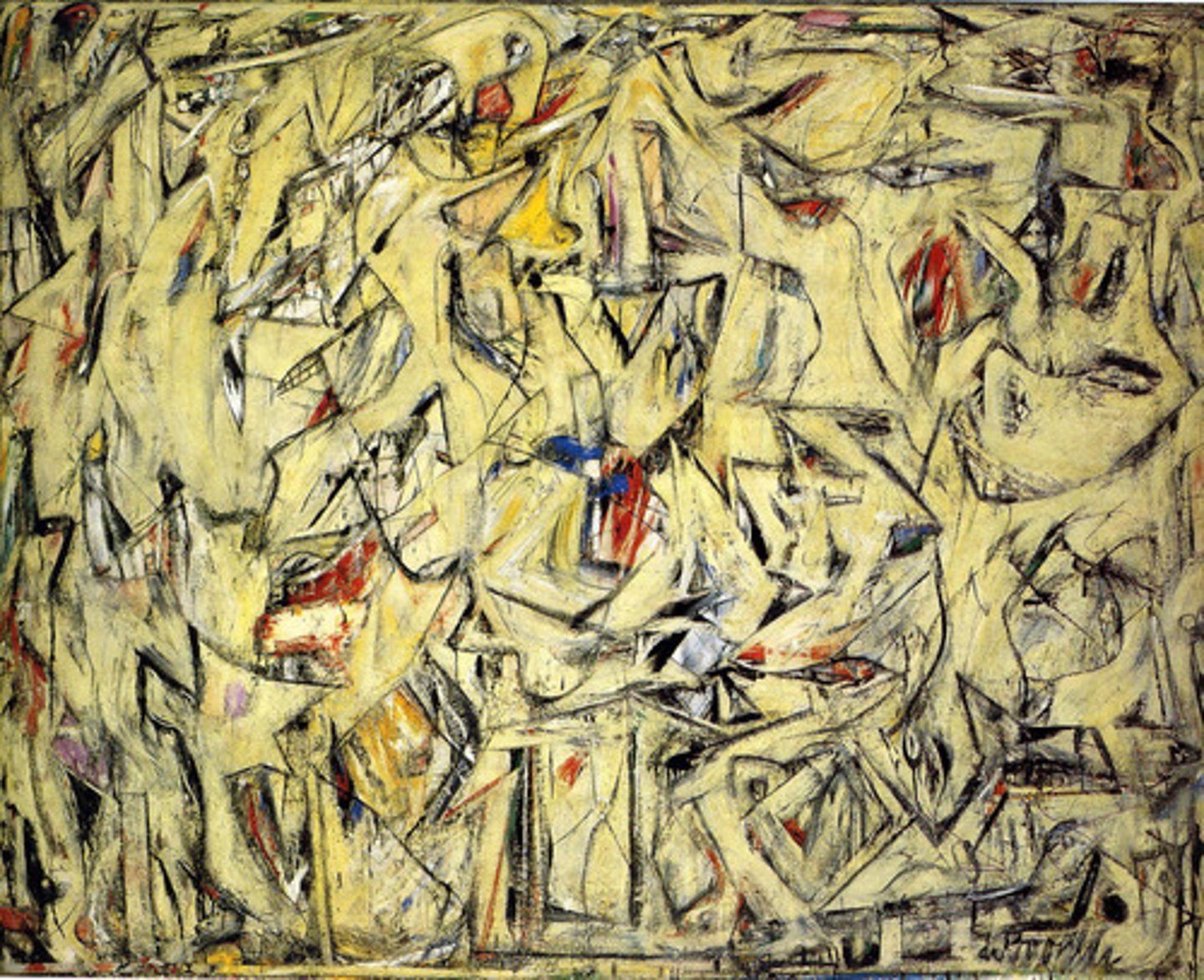 <p>20e eeuw</p><p>Willem de Kooning</p><p>Art institute of Chicago, VSA</p><p>Grattagetechniek</p><p>Compositie: groot doek (2,5 x 4 meter) vol overlappende, organische en hoekige vormen.</p><p>Kleur: lichte, bijna pasteltinten (geel, roze, wit, grijs) met zwarte contouren.</p><p>Beeldtaal: half-abstracte fragmenten die doen denken aan lichamen, dieren of landschapsdelen, maar nooit volledig herkenbaar.</p><p>Stijl: energieke lijnen en ritmische herhaling, alsof vormen worden “opgegraven” uit de verf.</p><p>Belang: gezien als een overgangswerk vóór zijn Women-serie, en een hoogtepunt van zijn abstracte periode.</p>