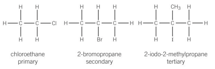 <ul><li><p>prefix is added to the name of the longest chain to indicate the identity of the halogen</p></li><li><p>when two or more halogens are present they are listed in alphabetical order</p></li><li><p>they can be classed as primary, secondary and tertiary</p></li></ul><p></p>