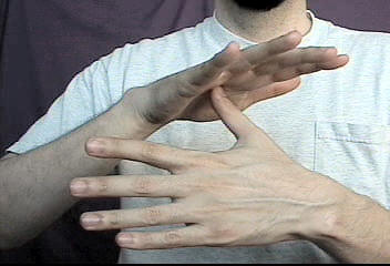 <p>Tap left palm on right <strong>thumb</strong> <strong>twice</strong></p>