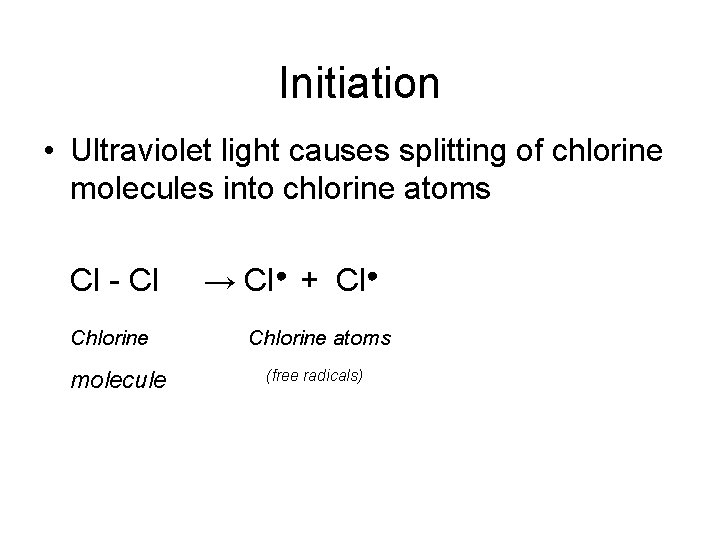<p>what is the first step in free radical substitution (using Cl2 as an example)</p>