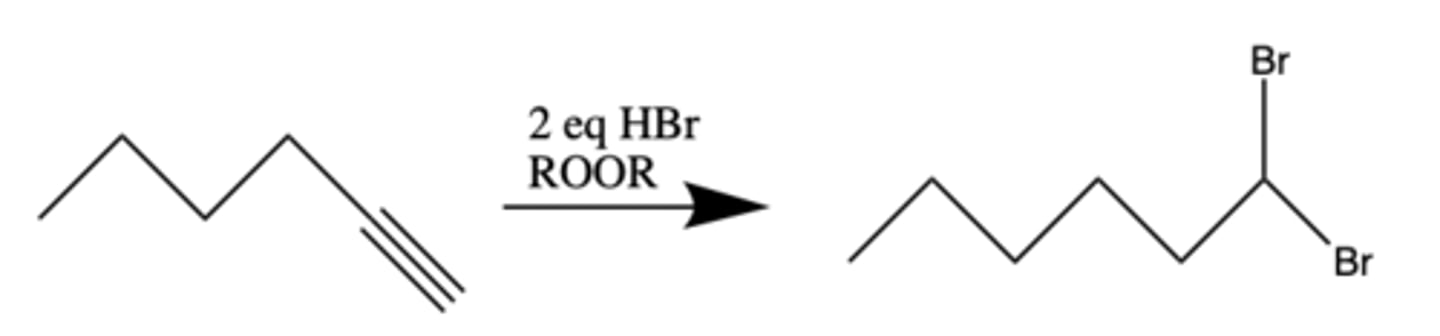 <p>Radical Halogenation</p><p>Alkyne to Alkane</p><p>Anti-Markovnikov addition of a Br</p>