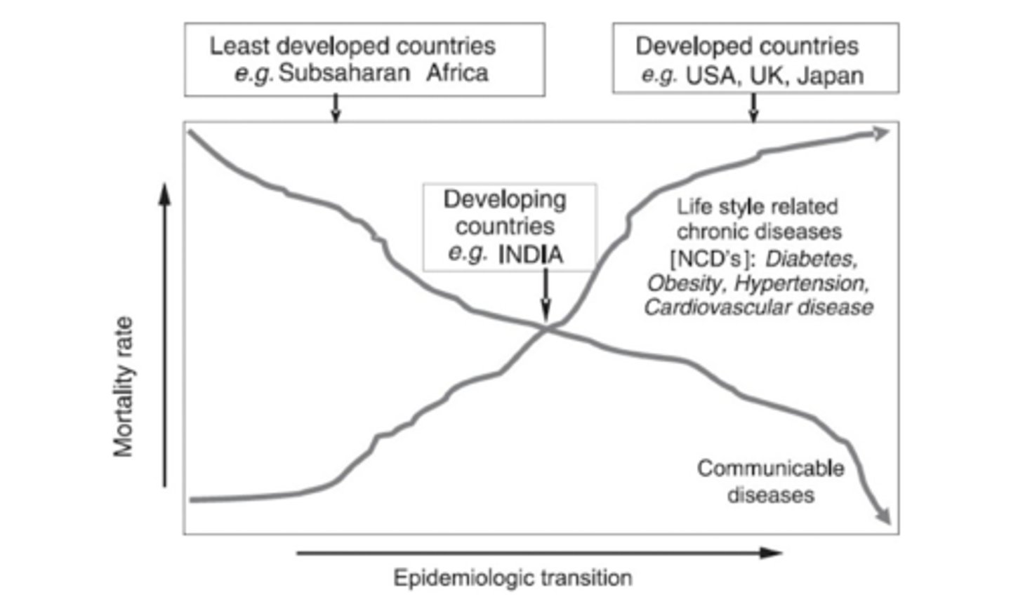 <p>Shift in the patterns of morbidity and mortality from infectious and communicable diseases to chronic, degenerative diseases.</p>