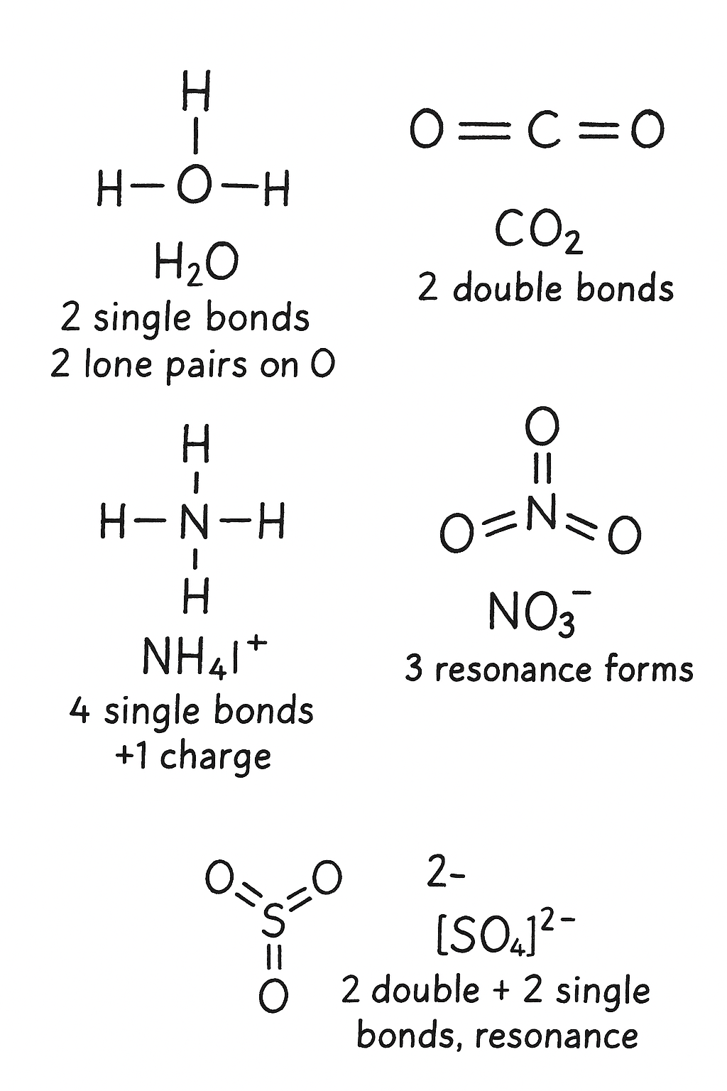 <p>2 double + 2 single bonds, resonance, -2 charge</p>