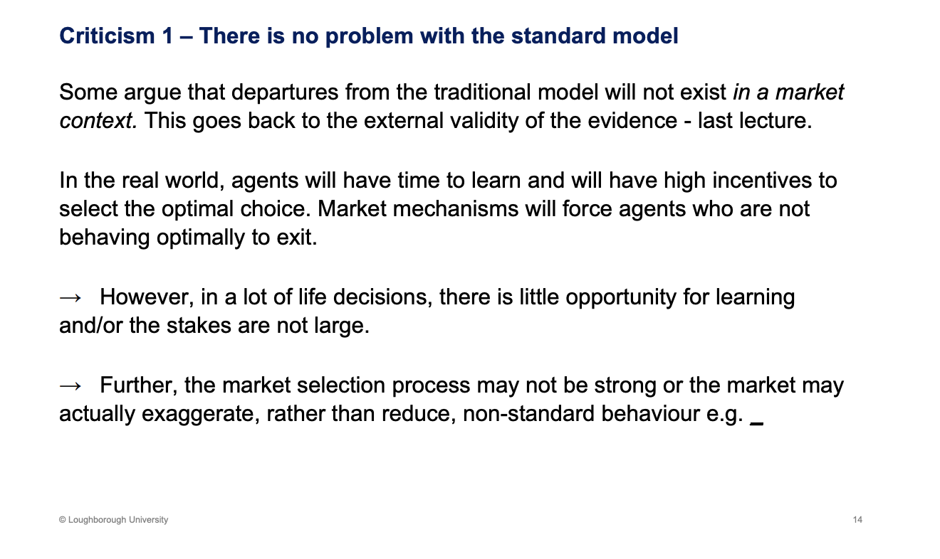 <p><span><u><span>Marketing activity, financial bubbles</span></u></span></p><p>&nbsp;</p><p>Nothing wrong with the standard neo classical model, the lab evidence doesn't co inside with theory.</p><p>&nbsp;</p><p>Are the lab findings credible? In a market situation, not profit max, a force in the market will push them out. Market selection effect will allow the profit maxers to survive in the market - support for the standard model</p><p>&nbsp;</p><p>Doesn’t always have the time to learn, only buy a house a couple times in life.</p>