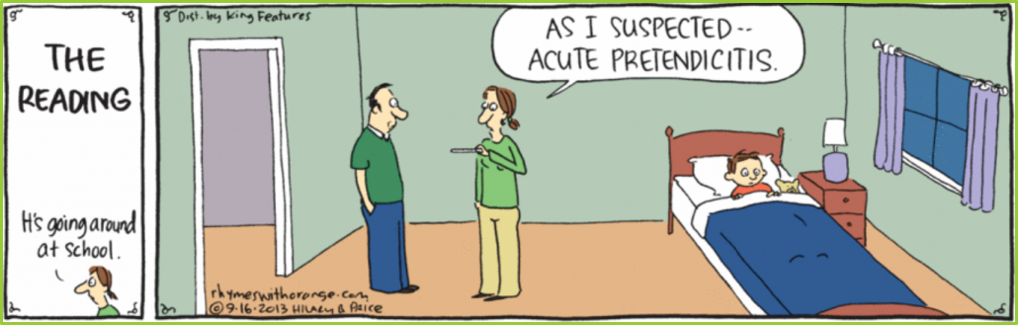 <p>The child in the cartoon below is likely afflicted with which of the following somatic symptom disorders?</p>
