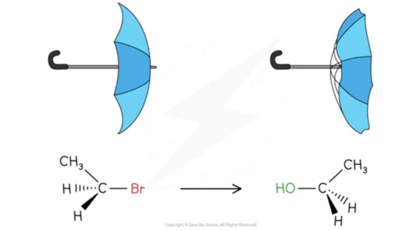 <p>-inversion of the chiral carbon via backside attack</p><p>not the case with sn1, Since the nucleophile attacks the carbocation only after the leaving group has departed, there is no need for back-side attack. The carbocation and its substituents are all in the same plane, meaning that the nucleophile can attack from either side.</p>