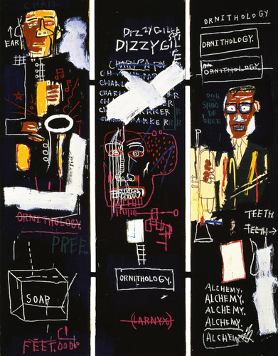 <p>Jean-Michel Basquiat</p><p>1983 CE</p><p>Form: Acrylic and oil paintstick on three canvas panels</p><p>Function: Touches upon themes of identity, racism, and societal tensions</p><p>"Horn Players" is based on a triptych design with three panels combined into one larger work. The outer panels feature jazz legends Charlie Parker and Dizzy Gillespie. Parker is shown with his saxophone, and Gillespie with his trumpet. In typical Basquiat style, the colors are flat and without perspective. Basquiat also incorporated words and other shapes and forms in his work. In this piece, he included the musicians' names among others. Many of the words are written and crossed off multiple times. There is a frenetic energy in this work. His overall style is called Neo-Expressionism or New Expressionism</p>