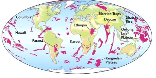 <p>fissure eruption on continents and oceans. they release immense amounts of lava in short periods (1 Ma). basaltic magma is not related to normal sea spreading it is associated with hotspots. </p>