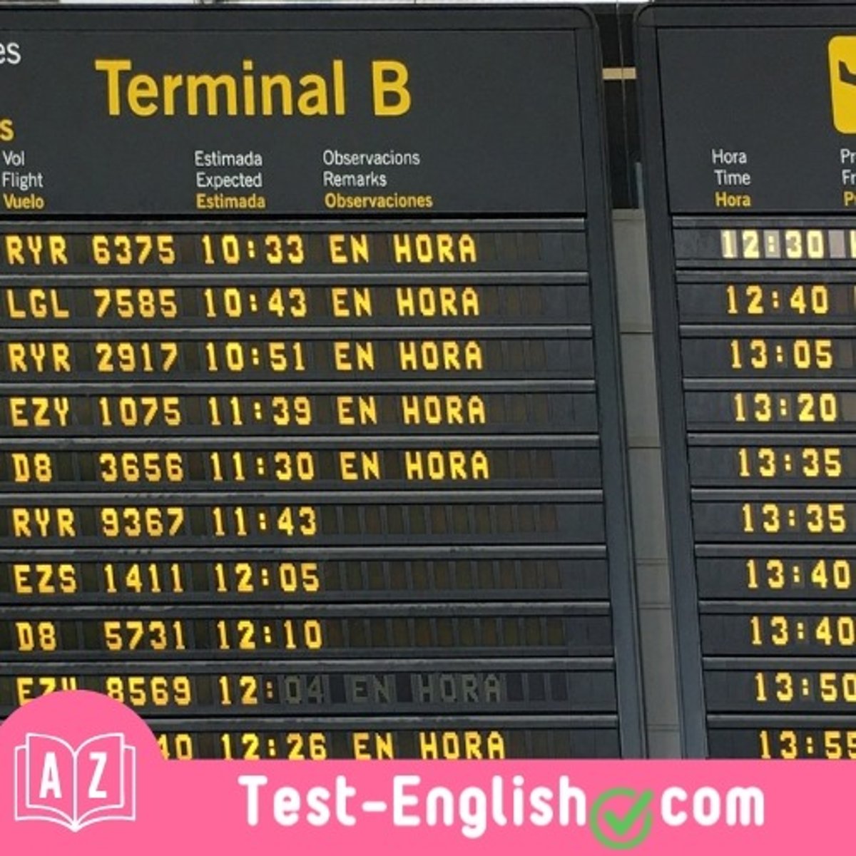 <p>You can see what time flights arrive or depart on the _____ board. (3 words)</p>