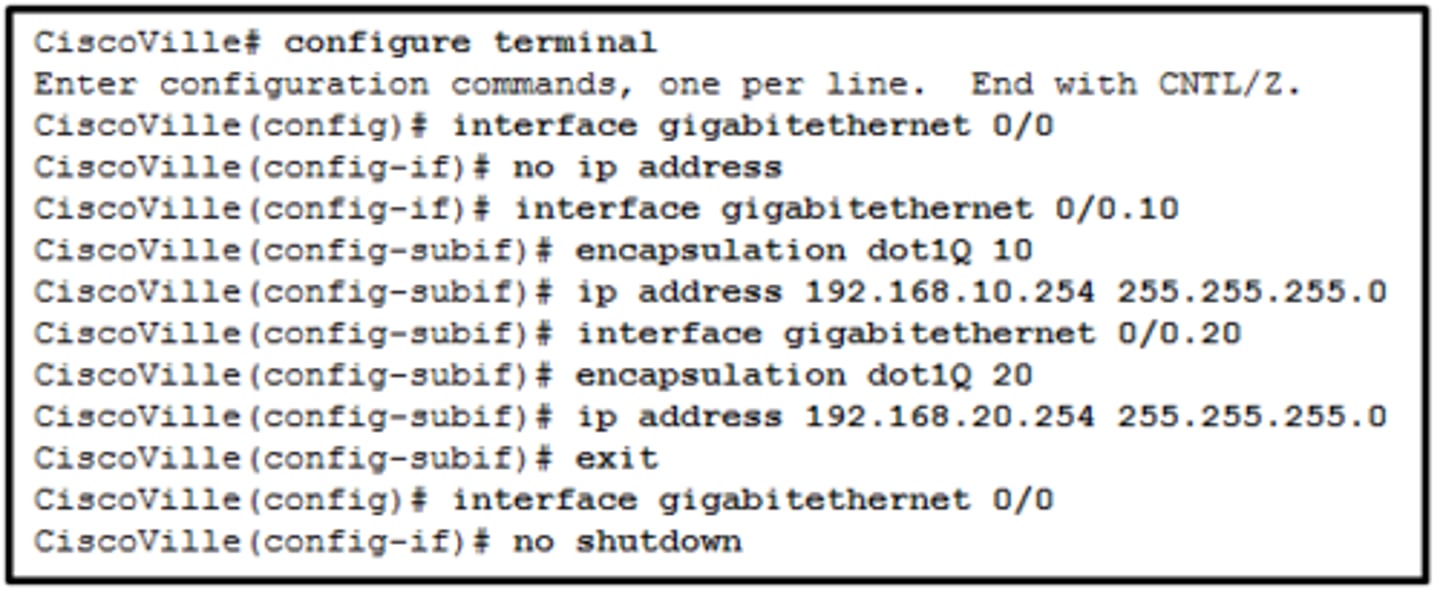 <p>Refer to the exhibit. A network administrator has configured router CiscoVille with the above commands to provide inter-VLAN routing. What command will be required on a switch that is connected to the Gi0/0 interface on router CiscoVille to allow inter-VLAN routing?​</p><p>- switchport mode access</p><p>- no switchport</p><p>- switchport mode trunk</p><p>- switchport mode dynamic desirable</p>