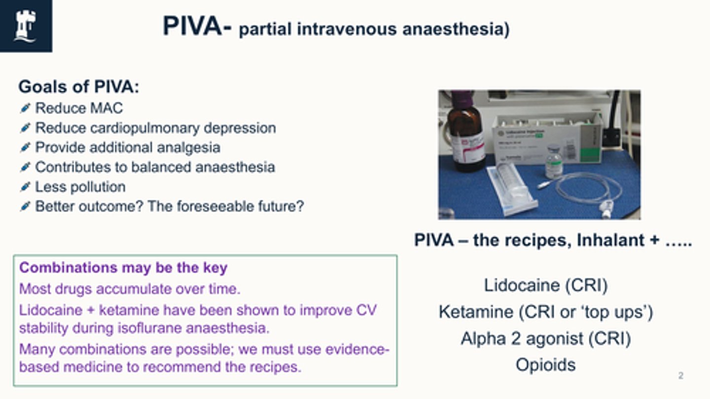 <p>Partial intravenous anaesthesia</p><p></p><p>PIVA recipes:</p><p>- inhalant + lidocaine (CRI)</p><p>- inhalant + ketamine (CRI/top-up)</p><p>Lidocaine + ketamine have been shown to improve CV stability during isoflurane anaesthesia.</p><p>- inhalant + alpha 2 agonist (CRI)</p><p>- inhalant + opioid</p>