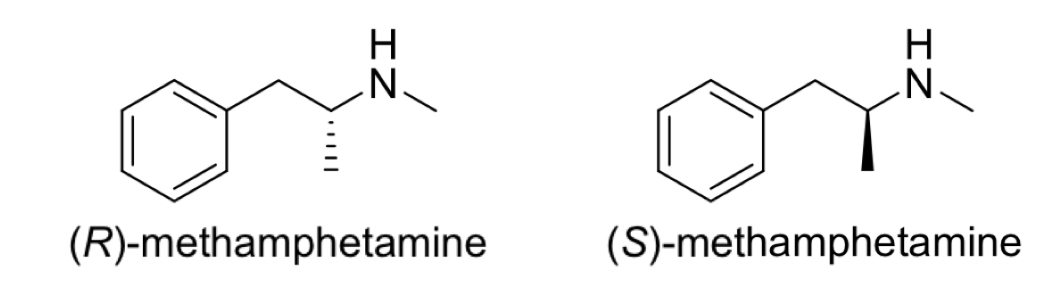 <p><u>Methamphetamine</u></p><p>How many chirality centres?</p><p>Characteristics of each enantiomer </p>