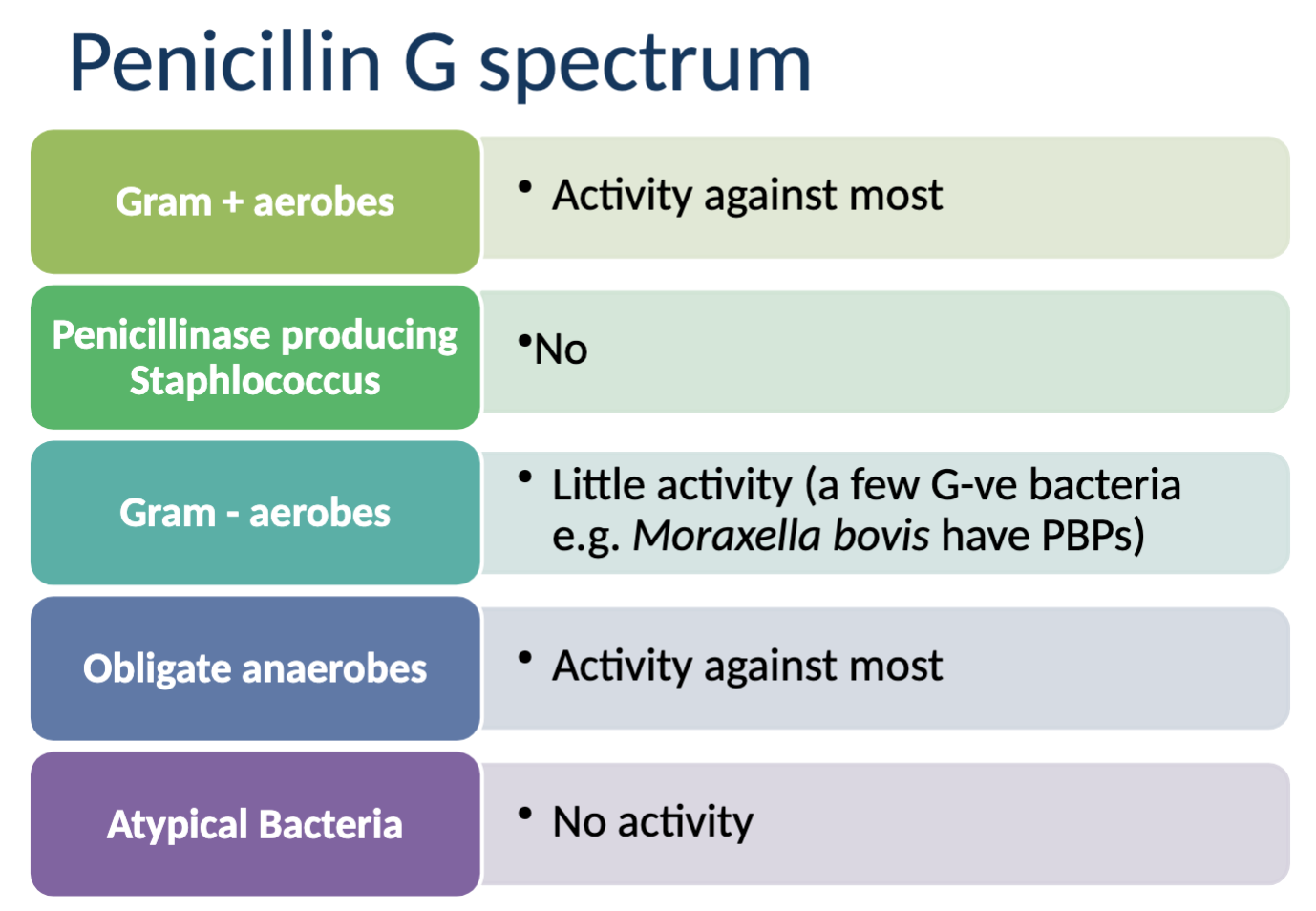 <p>potent, highly bactericidal, time-dependent, category <strong>D</strong> antimicrobial, active in presence of pus and most organic matter</p><p>Activity against: most gram + aerobes, most obligate anaerobes, little activity against Gram - aerobes</p><p>NO activity agains: penicillinase producing Saph., atypical bacteria</p>