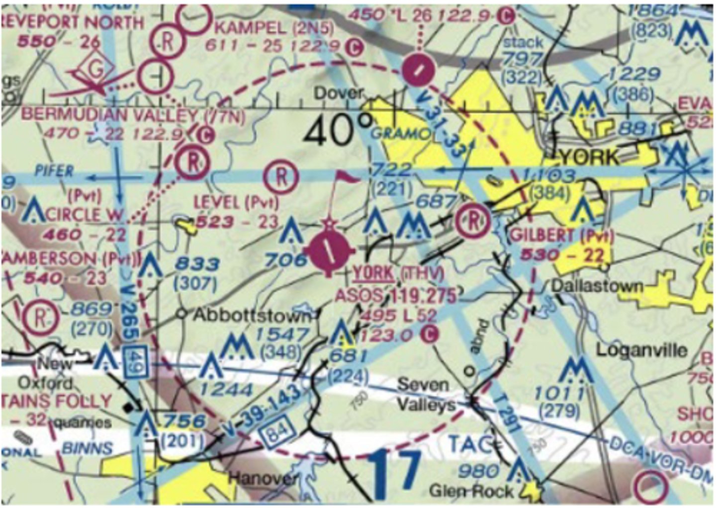 <p>Class E airspace - surface up to but not including 18,000 feet MSL</p><p>In most areas of the United States, class E airspace extends from 1,200 feet AGL up to but not including 18,000 feet MSL. A dashed magenta line indicates areas that class E airspace begins at the surface and continues to the lower limit of class A airspace.</p>