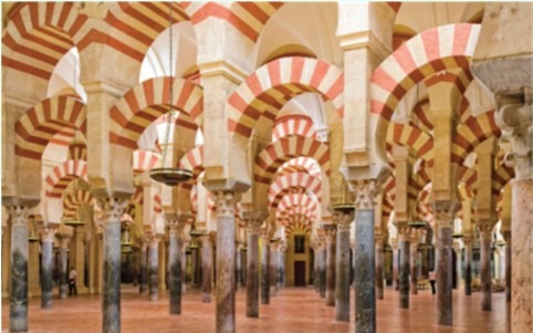 <ul><li><p>Period: Islamic Spain</p></li><li><p>Cordoba, Spain</p></li><li><p>The Great Mosque</p></li><li><p>Hypostyle Hall</p></li><li><p>Hybrid of Roman Columns with horse shoe arches</p></li></ul>
