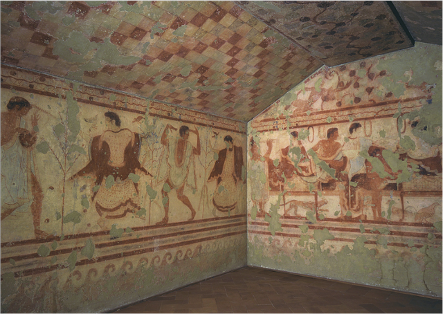 <ol><li><p>Men painted darker than the women</p></li><li><p>The pattern on the roof could refer to either time or to a funerary tent</p></li><li><p>Likely a funerary banquet with dancing and instruments</p></li><li><p>Part of the etruscan necropolis</p></li><li><p>480 - 470 B.C.E.</p></li></ol><p></p>