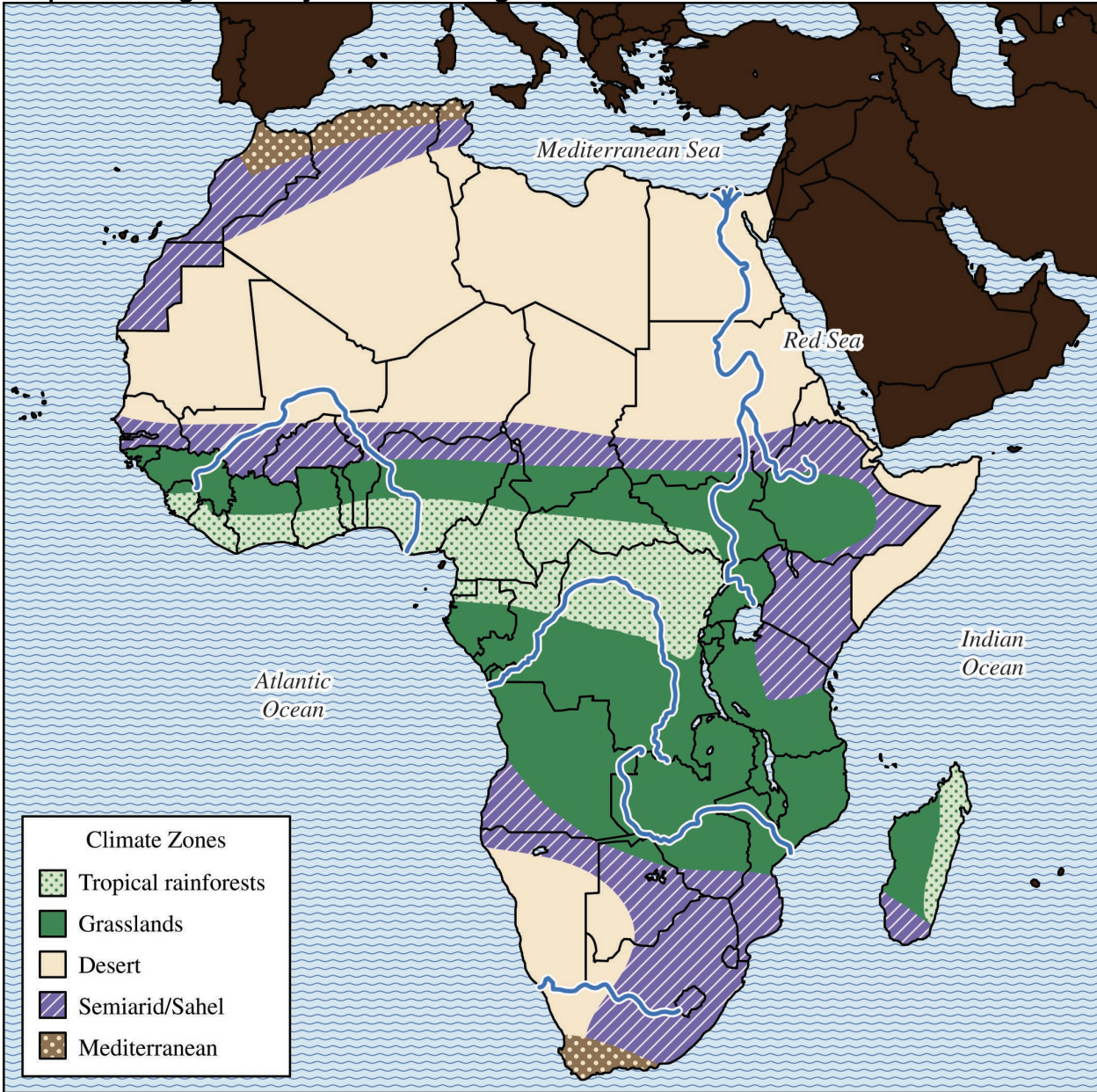 <p>- As the second largest continent, Africa is geographically diverse</p><p>- Variations in climate facilitated diverse opportunities for trade</p><ul><li><p>Desert &amp; semiarid areas: herders often nomadic and some traded salt</p></li><li><p>Sahel: people traded livestock.</p></li><li><p>Savannas: people cultivated grain crops</p></li><li><p>Tropical rainforests: people grew kola trees and yams and traded gold</p></li></ul>