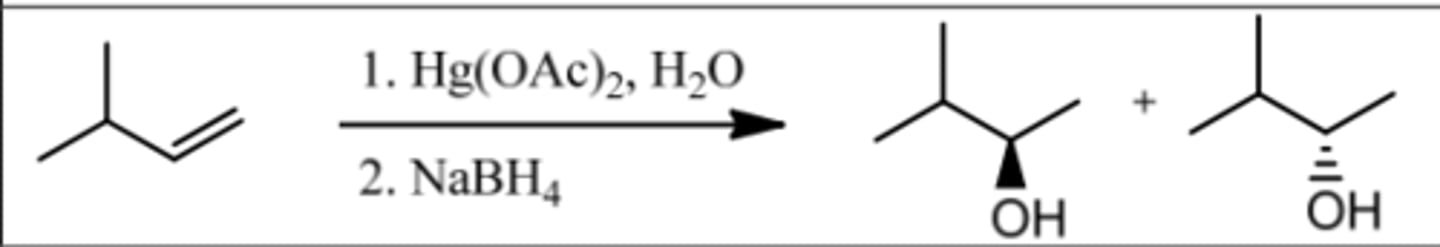 <p>Reagents: 1. Hg(OAc)₂, H₂O</p><p>2. NaBH₄</p><p>What's Added: H⁺ &amp; OH⁻</p><p>Regioselectivity: Markovnikov</p><p>Sterioselectivity: Anti Addition</p><p>Intermediate: Mercurinium Ion</p>