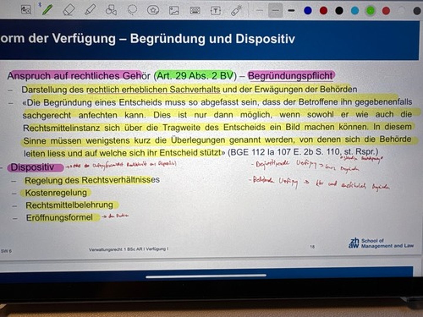 <p>Anspruch auf rechtliches Gehör (BV 29.2) und Begründungspflicht</p><p>-Darstellung des rechtlich erheblichen Sachverhalts und der Erwägungen der Behörden</p><p>Dispositiv</p><p>-Regelung des Rechtsverhältnisses</p><p>-Kostenregelung</p><p>-Rechtsmittelbelehrung</p><p>-Eröffnungsformel</p>
