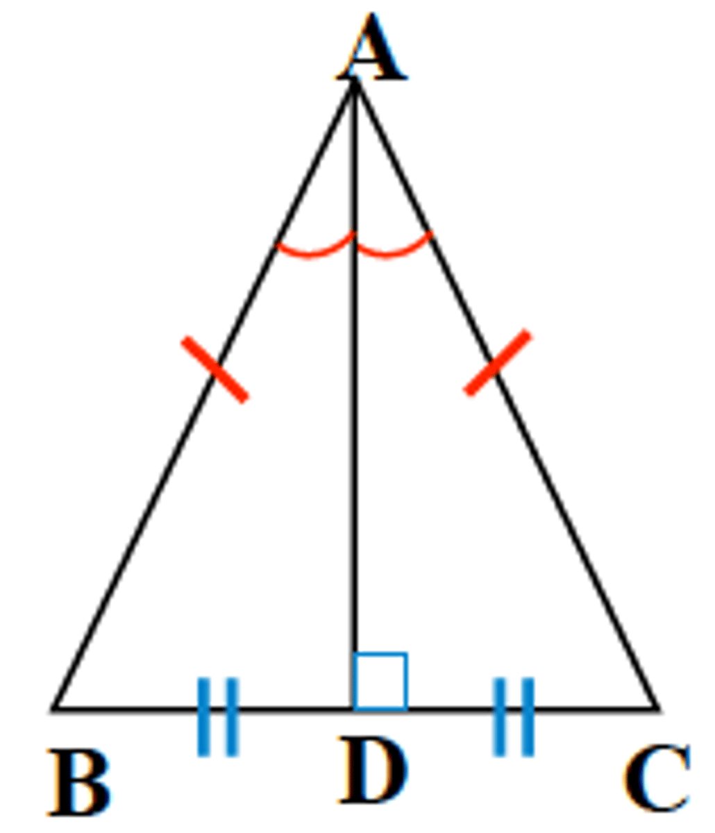 <p>... the perpendicular bisector of the base.<br><br><b>Given</b>: AB ≅ AC, AD bisects ∠BAC<br><b>Prove</b>: AD is the ⊥ bisector of BC</p>