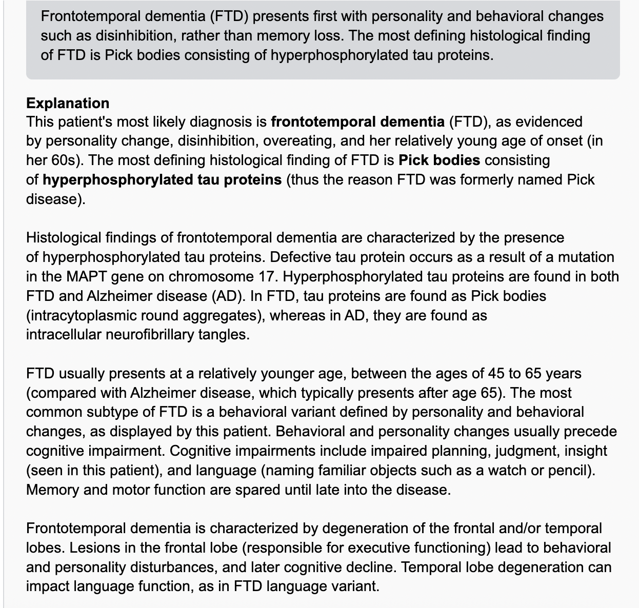 <p>Frontal Temporal Dementia </p>