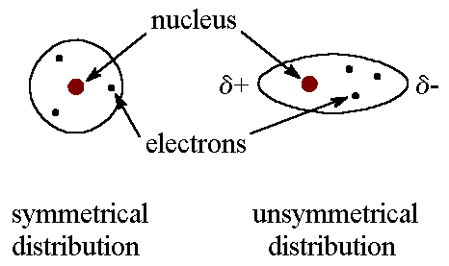 <p>A brief instance where an atom may have a slightly positive side and a slightly negative side due to the movement of electrons onto that side. This occurs because electrons are constantly moving.</p>