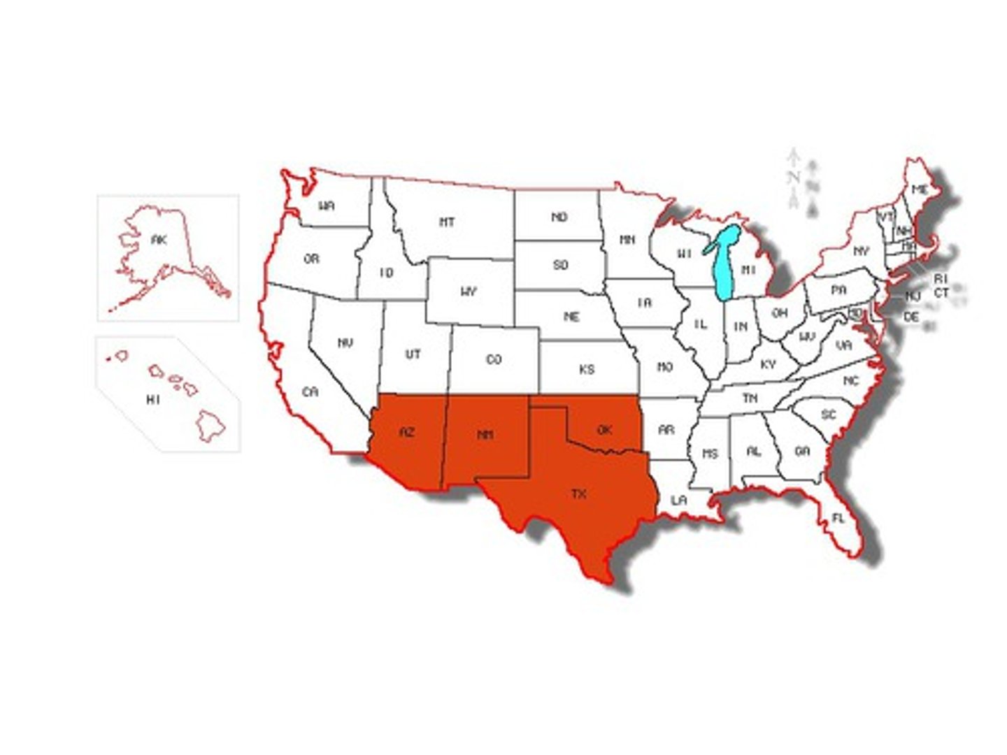 <p>Arizona, New Mexico, Texas, and Oklahoma</p>