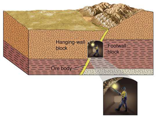 <ol><li><p>hanging-wall block - block of rock <strong>above</strong> the fault plane</p><ul><li><p>moves down relative to footwall in <strong>normal fault</strong></p></li><li><p>moves up relative to footwall in <strong>reverse fault</strong></p></li></ul></li><li><p>footwall block - block of rock <strong>below</strong> the fault plane</p><ul><li><p>where miners are positioned </p></li></ul></li><li><p>ore body - ore deposits</p><ul><li><p>often form along faults because the fractures create pathways for mineral-rich fluids</p></li></ul></li></ol><p></p>