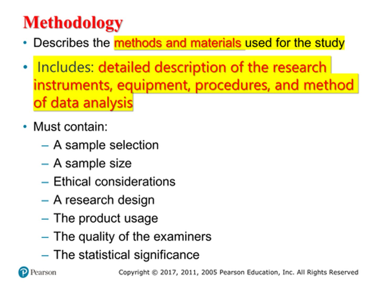 <p>Methodology (pg. 289)</p><p>Terminology associated with research reports</p><p>- Abstract- A condensed version of a study</p><p>- Introduction- Should include a clear, concise purpose statement</p><p>- Literature review- Detailed outline of previous findings</p><p>- Methodology- Method and material section</p><p>- Results and discussions- Findings of a study•</p><p>3 multiple choice options</p>