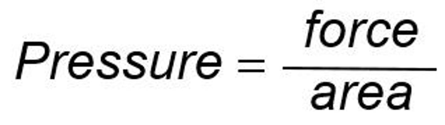 <p>Pressure (P) = Force (F) / Area (A), measured in Pascals (Pa).</p>