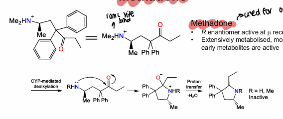 <p>R enantiomer active at Mu receptor, methyl and N group is site of ionic binding, extensively metabolised, </p>