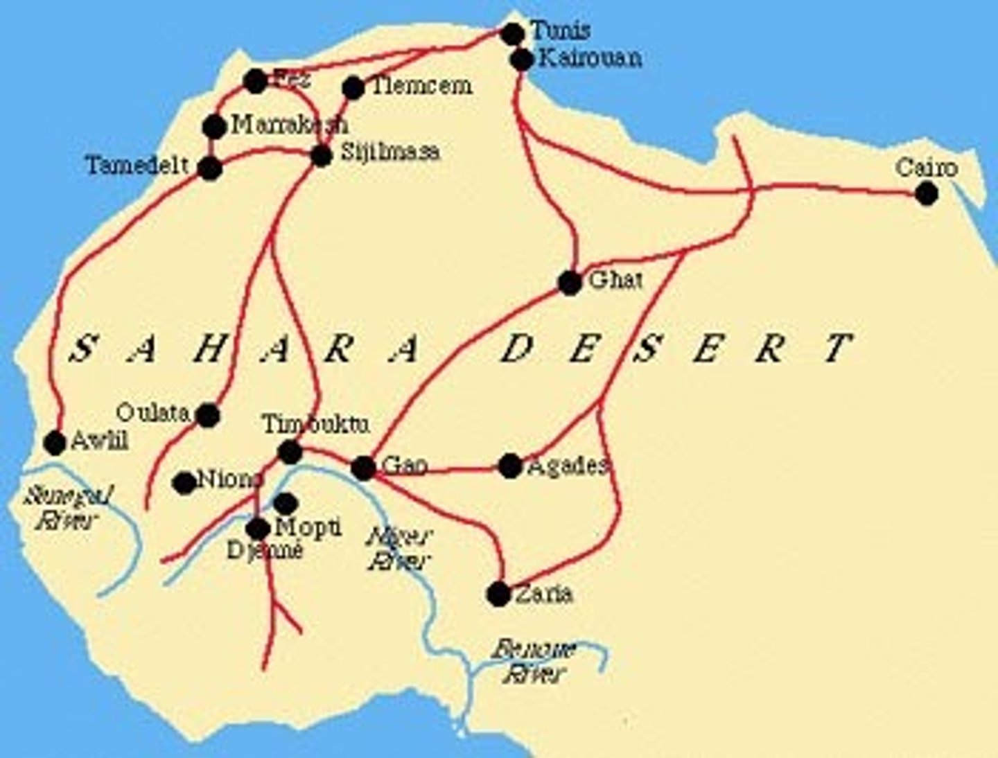 <p>The trade route across the Sahara desert. Merchants traded gold, metal, ivory, and slaves for salt, textiles, and horses. It brought considerable wealth to West African societies like Ghana and Mali, and introduced Islam to Sub-Saharan Africa.</p>