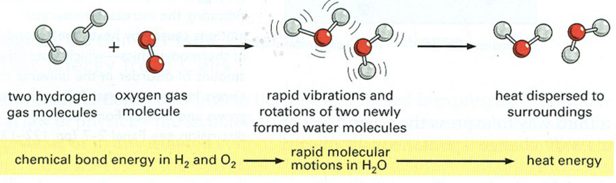 <p>chemical bond energy in molecules (potential) → rapid molecular motions while joining (kinetic) → heat energy (heat)</p>