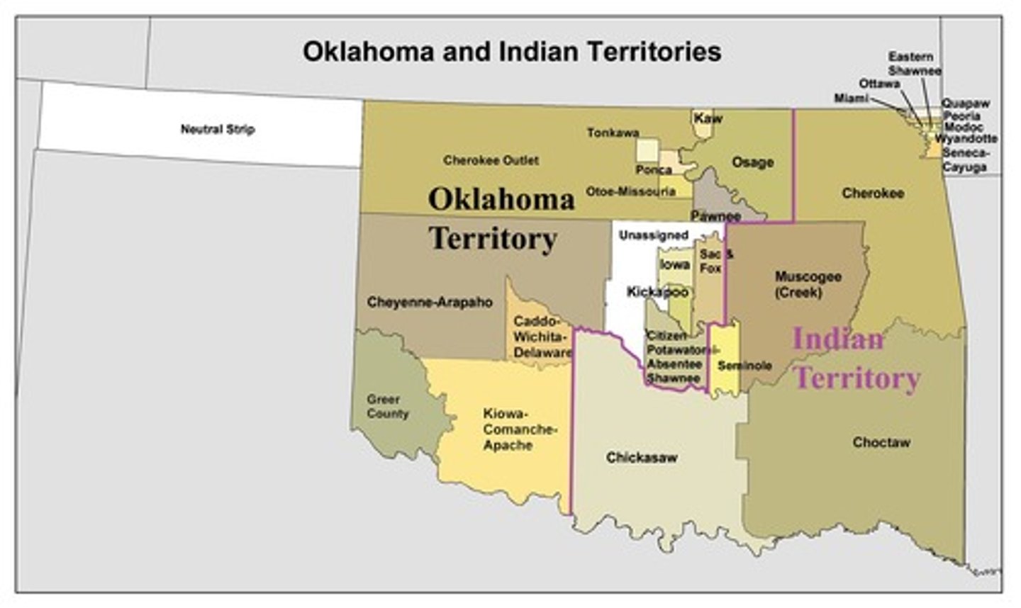 <p>A region in the central United States designated by the U.S. government in the 19th century as land to which Native American tribes were forcibly relocated, especially under the Indian Removal Act of 1830. The territory eventually became part of the state of Oklahoma. It was intended to be a place where Native American tribes could live without interference from European settlers, though it led to significant hardship, including the Trail of Tears.</p>