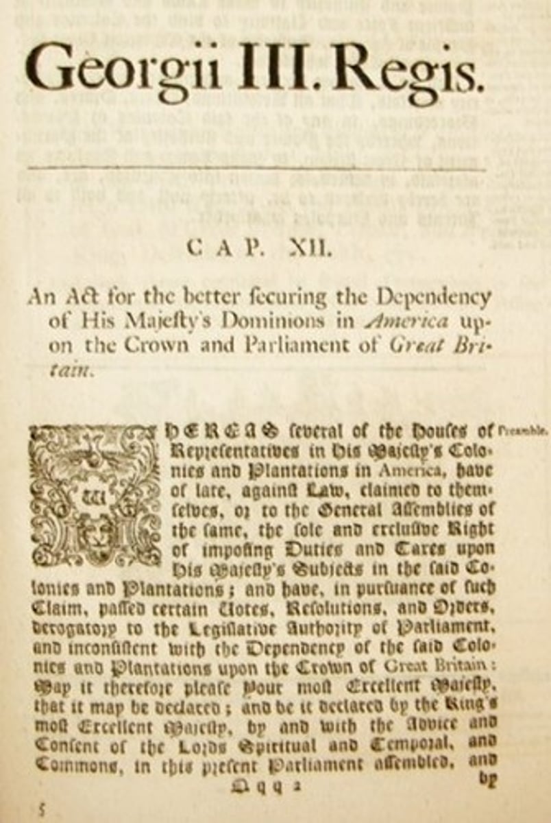 <p>Passed in 1766 just after the repeal of the Stamp Act, the Declaratory Act stated that Parliament could legislate for the colonies in all cases. Most colonists interpreted the act as a face-saving mechanism and nothing more. Parliament, however, continually interpreted the act in its broadest sense in order to legislate in and control the colonies.</p>