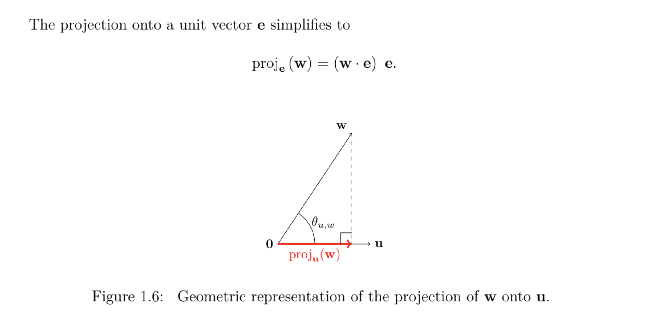 <p>Given two vectors u and w, the projection of w onto u is the</p><p>vector parallel to u given by </p><p>proj<sub>u</sub>(w) = (w · u/|u|) u/|u|</p>