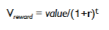 <p>Vreward= value / (1+r)^t</p><p>r = discount rate (baseline impulsivity)</p><p>t = time</p><p></p><p>small R = less discounting & more self control</p><p>big R = more discounting & more impulsive</p><p></p><p>used if only magnitude of outcome, not time considered</p>