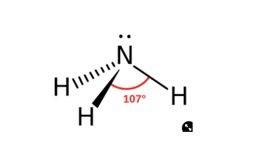 <p>________= 3 bonding pairs, 1 lone pair, 107 degree (109.5- 2.5) bond angle.</p>