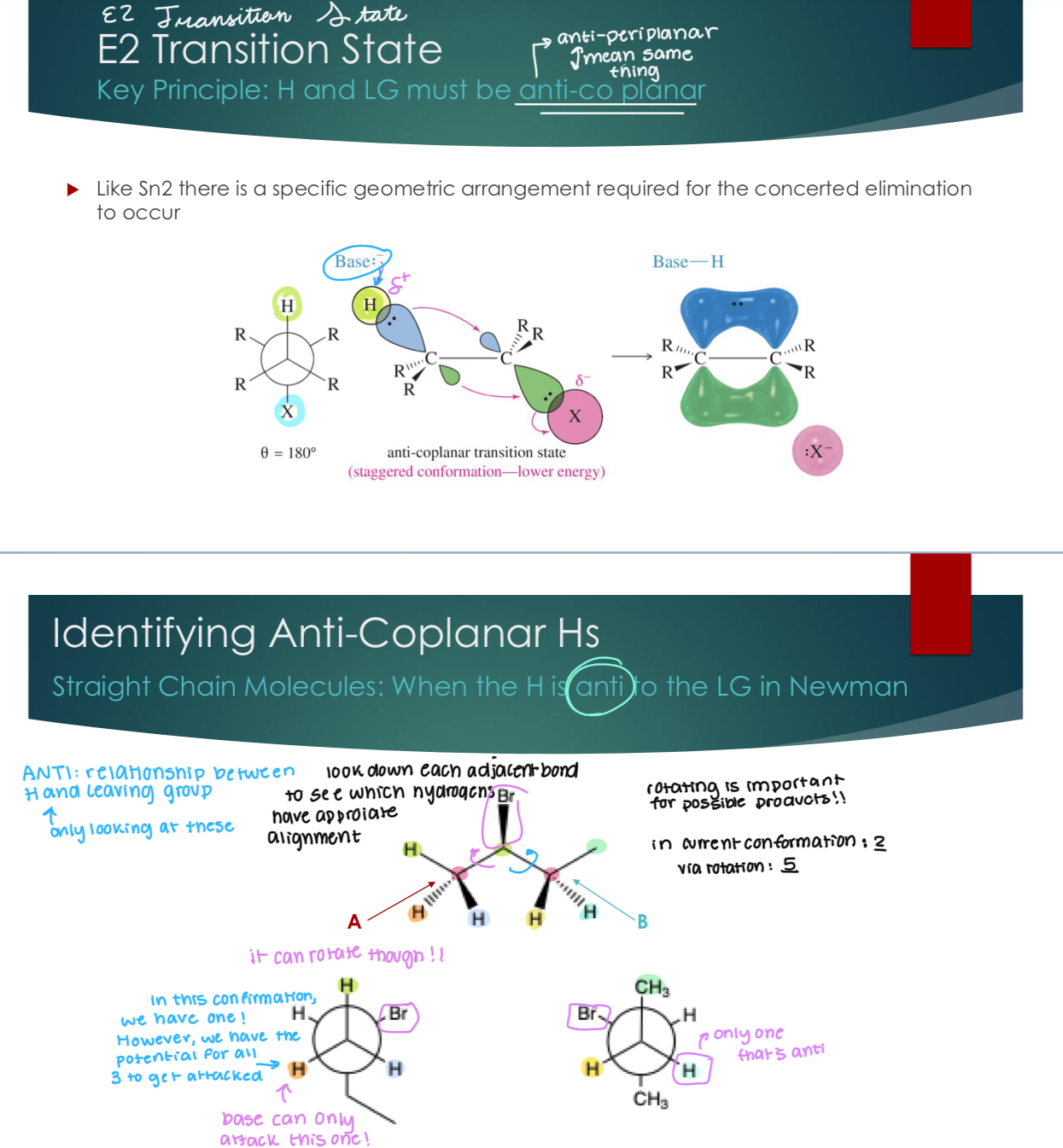 <p><strong>Key Principle: H and LG must be anti-co planar (anti-peri planar) </strong>and identifying them </p><p>Like Sn2 there is a specific geometric arrangement required for the concerted elimination to occur</p><p>Straight Chain Molecules: When the H is anti to the LG in Newman</p><p></p><p>ANTI: only looking at relationship between H and LG.&nbsp;</p><p>Rotating is important for possible products. In current conformation there are 3 possible outcomes, via rotation there are 5.&nbsp;</p>