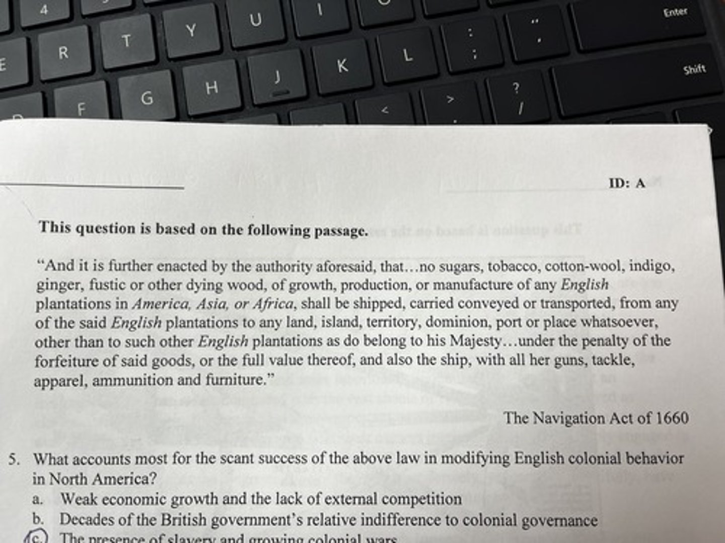 <p>which of the following had the most impact in shaping colonial resistance to the above law?</p>