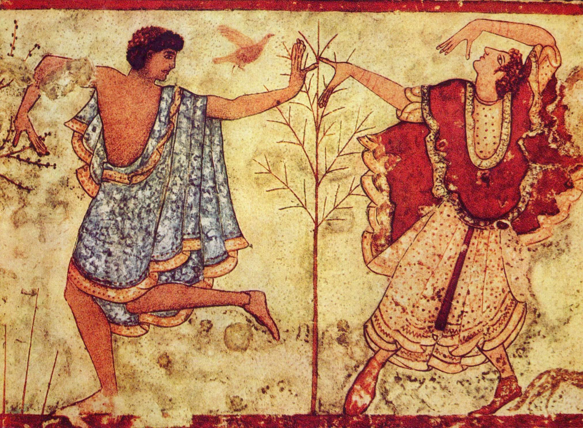 <p>Tomb of Triclinium(Tarquina, Italy)(Ethruscan) 480-470 BCE, this is a FRESCO a big way to do a painting. This is also funerary. the body is in twisted form which humans cannot do and has stylistic perspective showing that they thought the afterlife would be a glorious occasion</p>
