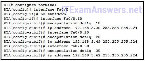 <p><strong>81. Refer to the exhibit. After attempting to enter the configuration that is shown in router RTA, an administrator receives an error and users on VLAN 20 report that they are unable to reach users on VLAN 30. What is causing the problem?</strong></p>