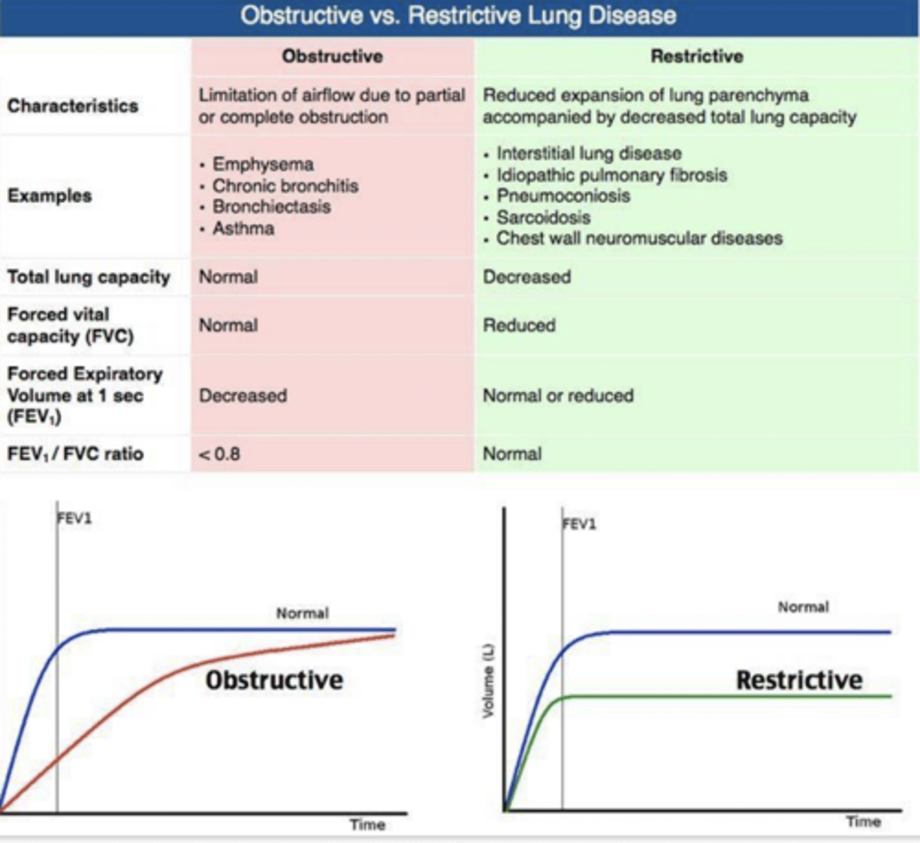 <p>TLC: DECREASED</p><p>FVC: REDUCED</p><p>FEV1: Normal/Reduced</p><p>FEV1/FVC: Normal</p>