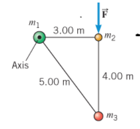 <p>explanation for question 6 (The drawing shows a system of objects consisting of three small balls connected by massless rods. The axis of rotation is at m<sub>1,</sub> and it is perpendicular to the page, as shown. &nbsp;The force of magnitude <em>F</em> of magnitude 424 N&nbsp; is applied to the ball (see the drawing). The masses of the balls are m<sub>1&nbsp;</sub>= 9.0 kg, m<sub>2</sub> = 6.0 kg, and&nbsp; m<sub>3</sub> = 7.0 kg.&nbsp;</p><p>The moment of inertia about the given axis of rotation is:)</p>