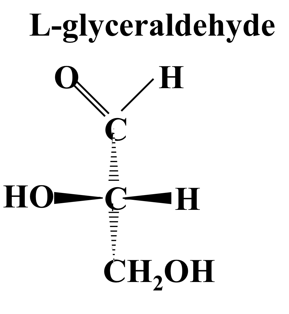 OH and H both protrude from the page, OH on the left and H on the right. 
